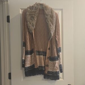 BKE Tan and Black Cardigan with Faux Fur Collar